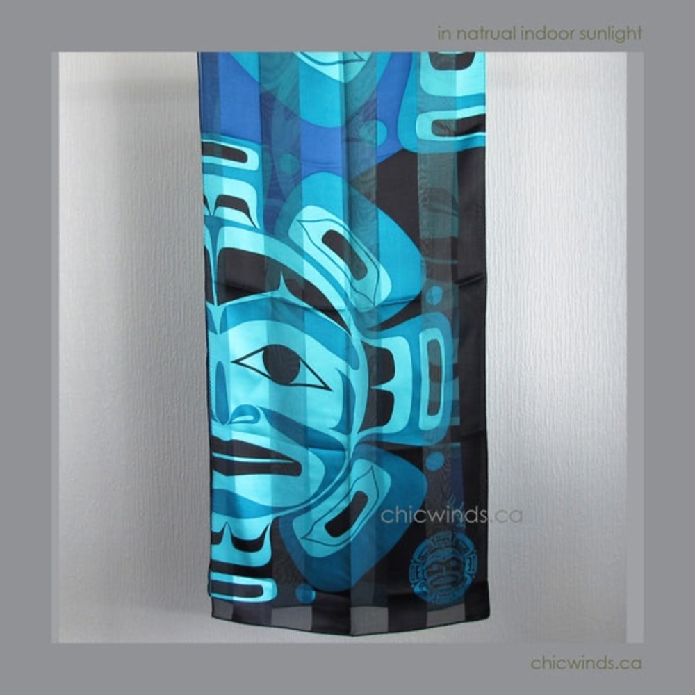 100% Silk Unique Moon Mask Scarf NIP Black/Teal and Blue Stunning Tribal